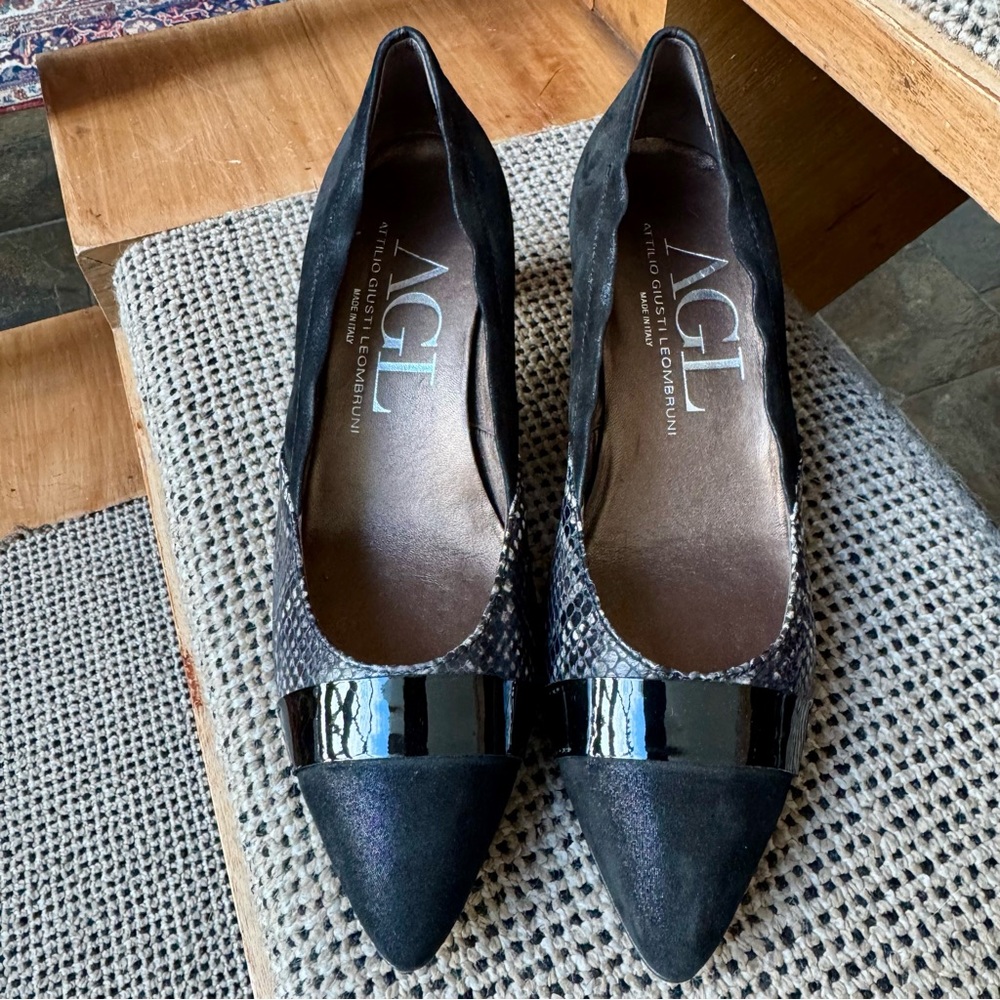 AGL Black Pointed Toe Low Heel Pump, 8.5 US